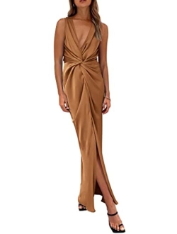 Women's Satin Ruched Bodycon Dress Summer 2023 Twist Front V Neck Sleeveless Split Maxi Dresses
