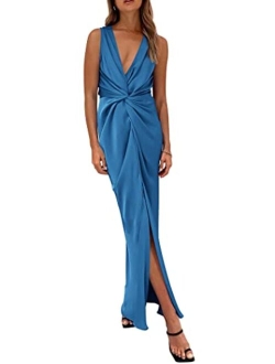 Women's Satin Ruched Bodycon Dress Summer 2023 Twist Front V Neck Sleeveless Split Maxi Dresses