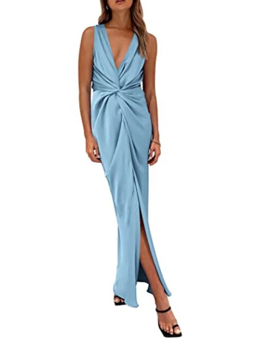 PRETTYGARDEN Women's Satin Ruched Bodycon Dress Summer 2023 Twist Front V Neck Sleeveless Split Maxi Dresses