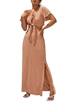 Cozyease Women's Short Sleeve Maxi Dress Tie Front Split Hem A Line Dress Summer Casual