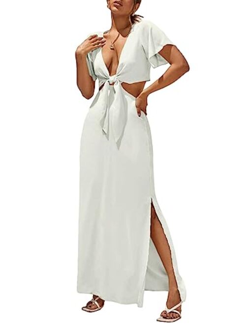 Cozyease Women's Short Sleeve Maxi Dress Tie Front Split Hem A Line Dress Summer Casual