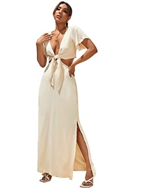 Cozyease Women's Short Sleeve Maxi Dress Tie Front Split Hem A Line Dress Summer Casual