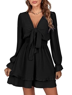 LYANER Women's Tie Front Plunge V Neck Ruffle Layer Long Sleeve Sexy Mini Dress