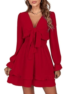 LYANER Women's Tie Front Plunge V Neck Ruffle Layer Long Sleeve Sexy Mini Dress