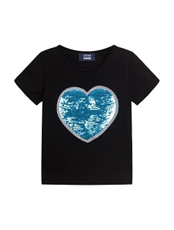 Girls Short Sleeve Heart Shaped Flip Sequin T-Shirt