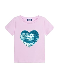 Girls Short Sleeve Heart Shaped Flip Sequin T-Shirt