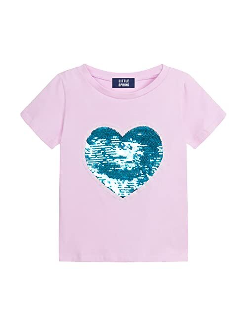 LittleSpring Girls Short Sleeve Heart Shaped Flip Sequin T-Shirt