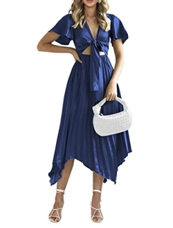 Women's 2023 Satin Summer Dress Short Sleeve V Neck Tie Front Cutout Pleated A Line Midi Dresses