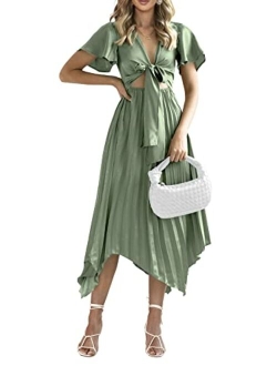 Women's 2023 Satin Summer Dress Short Sleeve V Neck Tie Front Cutout Pleated A Line Midi Dresses