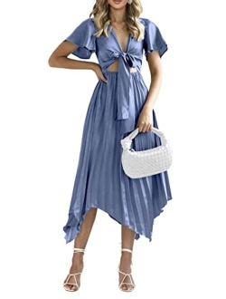 Women's 2023 Satin Summer Dress Short Sleeve V Neck Tie Front Cutout Pleated A Line Midi Dresses