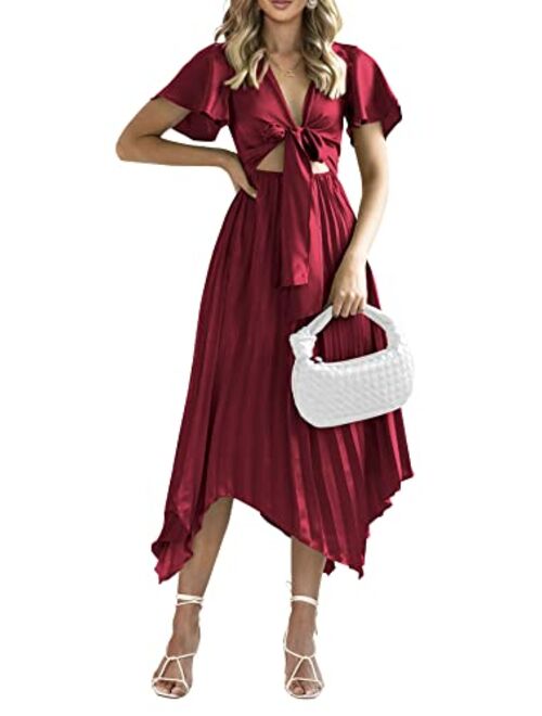 PRETTYGARDEN Women's 2023 Satin Summer Dress Short Sleeve V Neck Tie Front Cutout Pleated A Line Midi Dresses