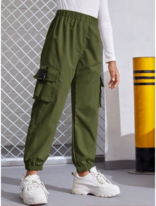 SHEIN Girls Buckle Strap Flap Pocket Cargo Pants