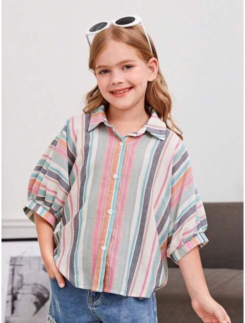 SHEIN Kids EVRYDAY Girls Striped Print Batwing Sleeve Shirt