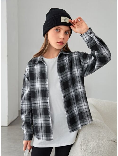 SHEIN Kids EVRYDAY Girls Plaid & Floral Print Drop Shoulder Shirt