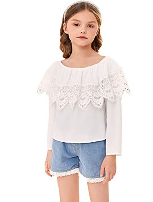 WDIRARA Girl's Off The Shoulder Ruffle Trim Lace Short Sleeve Blouse Top