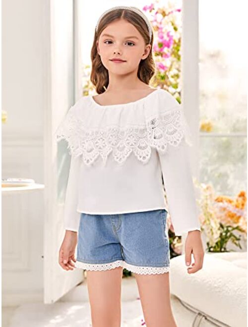 WDIRARA Girl's Off The Shoulder Ruffle Trim Lace Short Sleeve Blouse Top