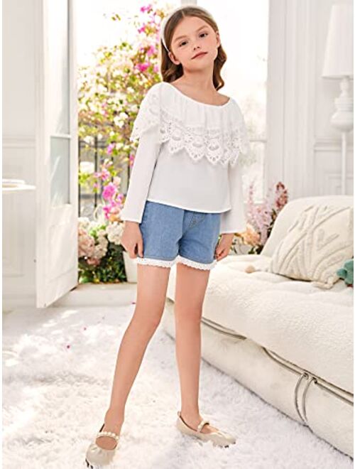 WDIRARA Girl's Off The Shoulder Ruffle Trim Lace Short Sleeve Blouse Top