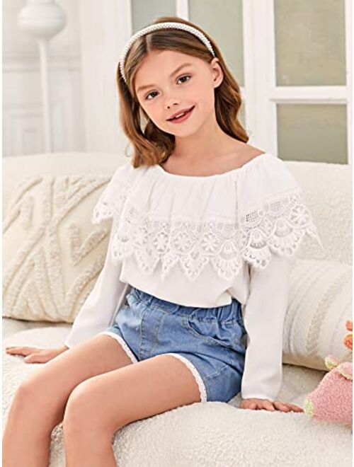 WDIRARA Girl's Off The Shoulder Ruffle Trim Lace Short Sleeve Blouse Top