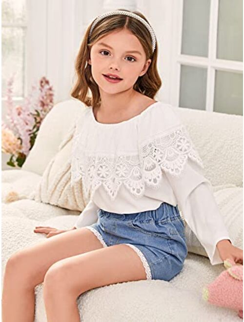 WDIRARA Girl's Off The Shoulder Ruffle Trim Lace Short Sleeve Blouse Top