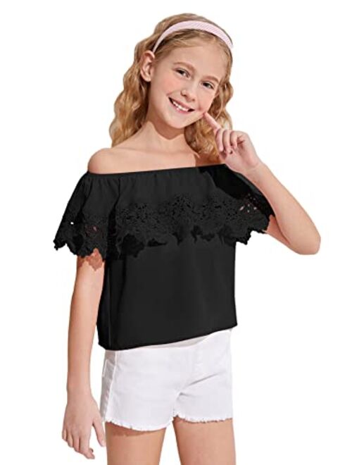 WDIRARA Girl's Off The Shoulder Ruffle Trim Lace Short Sleeve Blouse Top