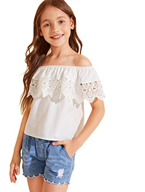 WDIRARA Girl's Off The Shoulder Ruffle Trim Lace Short Sleeve Blouse Top