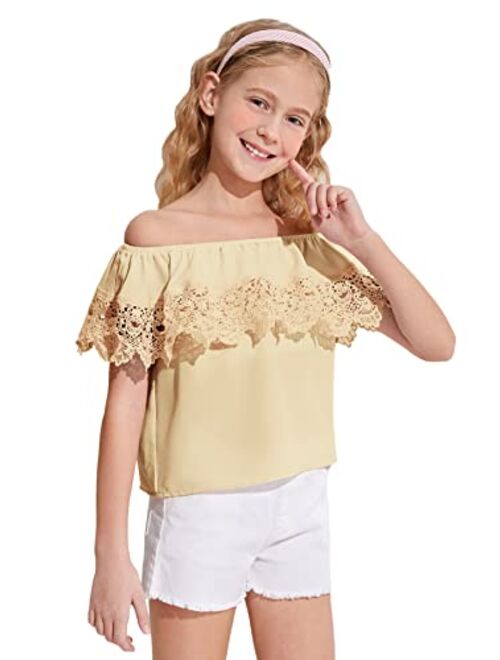 WDIRARA Girl's Off The Shoulder Ruffle Trim Lace Short Sleeve Blouse Top