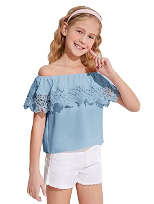 WDIRARA Girl's Off The Shoulder Ruffle Trim Lace Short Sleeve Blouse Top