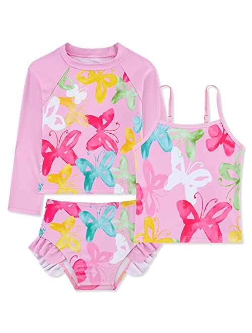 swimsobo Girls 3-Piece Swimsuit Long Sleeve Rash Guard Tankini Sets UPF 50+ Bathing Suit 3-10T