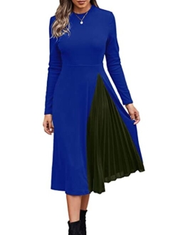 Women's Spring Fashion Long Sleeve Midi Dress Casual Ribbed Knit Color Block A Line Ruffle Dresses