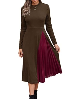 Women's Spring Fashion Long Sleeve Midi Dress Casual Ribbed Knit Color Block A Line Ruffle Dresses