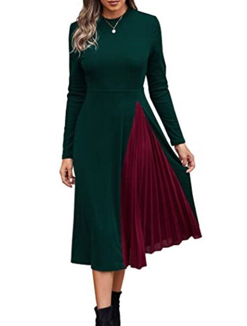 PRETTYGARDEN Women's Spring Fashion Long Sleeve Midi Dress Casual Ribbed Knit Color Block A Line Ruffle Dresses