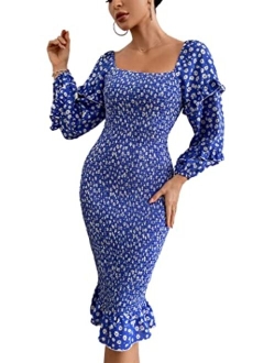 Women's Long Puff Sleeve Floral Midi Bodycon Dresses Square Neck Ruffle Mermaid Smocked Dress