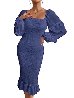 Women's Long Puff Sleeve Floral Midi Bodycon Dresses Square Neck Ruffle Mermaid Smocked Dress