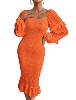 Women's Long Puff Sleeve Floral Midi Bodycon Dresses Square Neck Ruffle Mermaid Smocked Dress