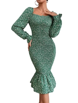 Women's Long Puff Sleeve Floral Midi Bodycon Dresses Square Neck Ruffle Mermaid Smocked Dress