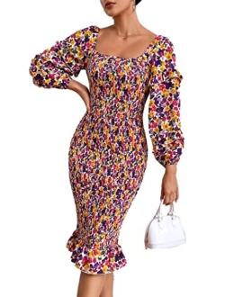 Women's Long Puff Sleeve Floral Midi Bodycon Dresses Square Neck Ruffle Mermaid Smocked Dress