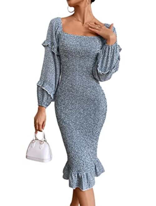 PRETTYGARDEN Women's Long Puff Sleeve Floral Midi Bodycon Dresses Square Neck Ruffle Mermaid Smocked Dress