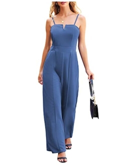 Theenkoln Women's Stretchy Notch Neck Jumpsuit High Waist Spaghetti Strap Romper Wide Leg Pants Rompers with Pockets