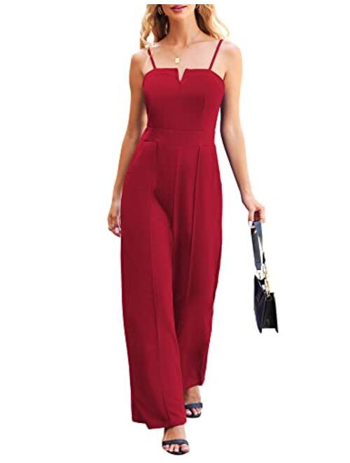 Theenkoln Women's Stretchy Notch Neck Jumpsuit High Waist Spaghetti Strap Romper Wide Leg Pants Rompers with Pockets