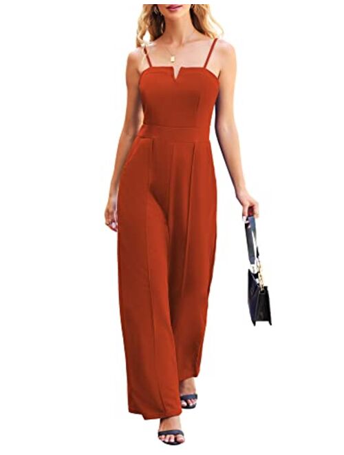 Theenkoln Women's Stretchy Notch Neck Jumpsuit High Waist Spaghetti Strap Romper Wide Leg Pants Rompers with Pockets