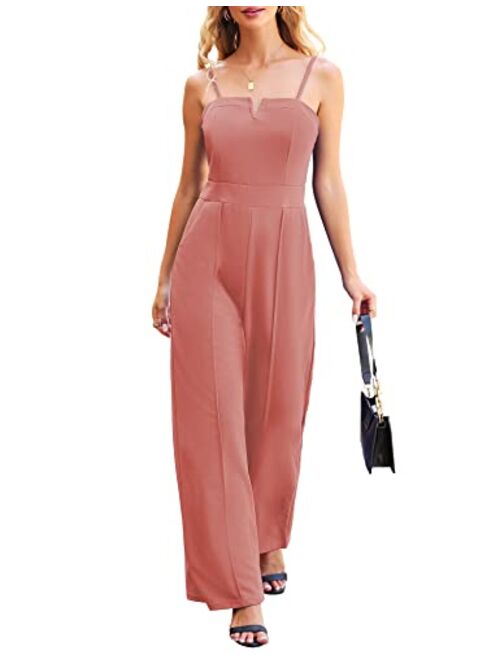 Theenkoln Women's Stretchy Notch Neck Jumpsuit High Waist Spaghetti Strap Romper Wide Leg Pants Rompers with Pockets