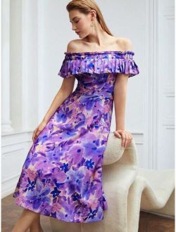 Premium Viscose Blend Floral Off Shoulder Dress