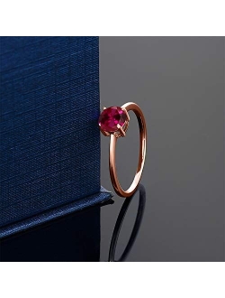 Gem Stone King 10K Rose Gold Red Created Ruby Solitaire Engagement Ring For Women (1.00 Cttw, Round 6MM, Available In Size 5, 6, 7, 8, 9)