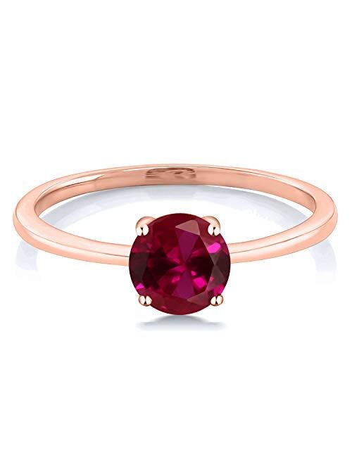 Gem Stone King 10K Rose Gold Red Created Ruby Solitaire Engagement Ring For Women (1.00 Cttw, Round 6MM, Available In Size 5, 6, 7, 8, 9)