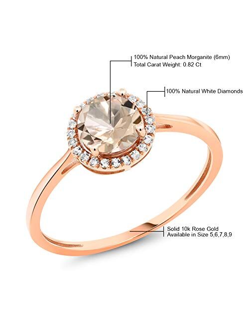 Gem Stone King 10K Rose Gold Round Peach Morganite and Diamond Engagement Ring For Women (0.82 Cttw, Gemstone Birthstone, Available In Size 5, 6, 7, 8, 9)