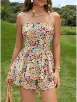 WYWH Allover Floral Print Tie Backless Two Layer Hem Cami Romper