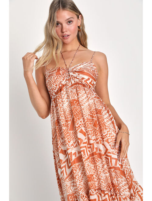 Lulus Vibing on Vacay Rust Orange and White Geo Print Midi Dress