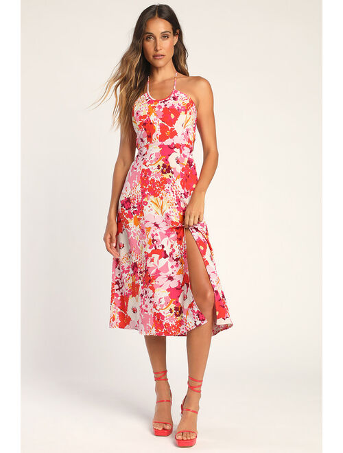 Lulus Paradise Bound Pink Floral Print Halter Midi Dress