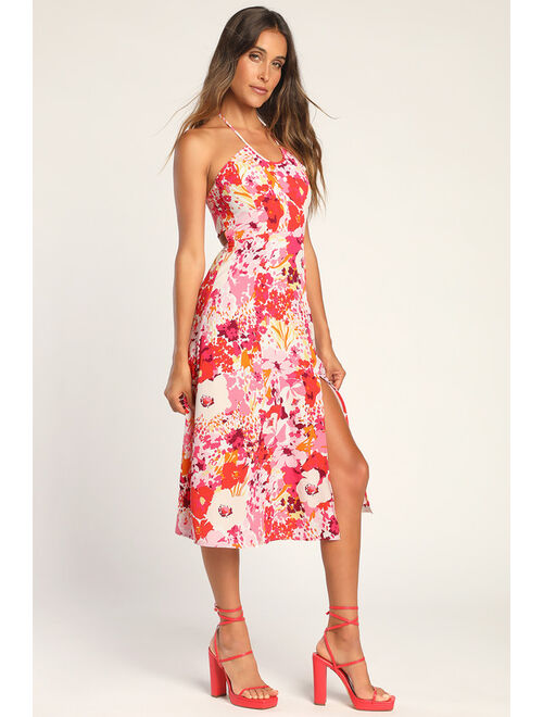 Lulus Paradise Bound Pink Floral Print Halter Midi Dress