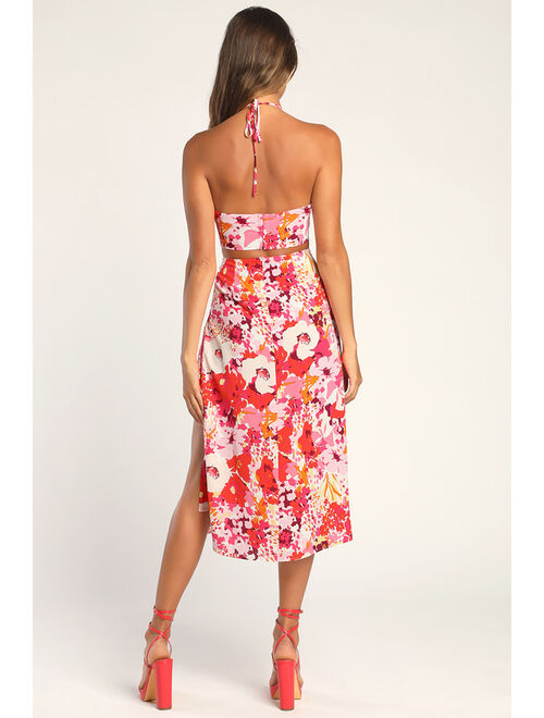 Lulus Paradise Bound Pink Floral Print Halter Midi Dress